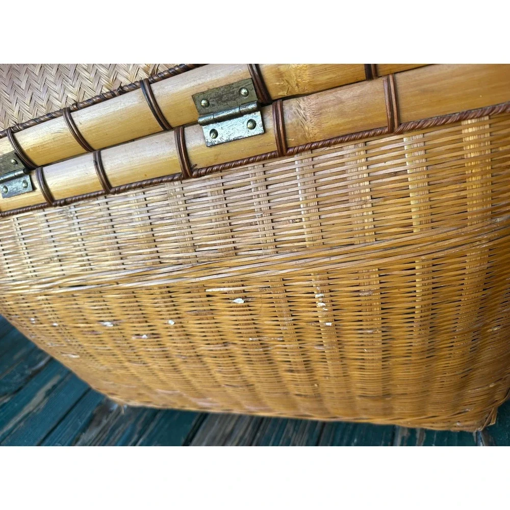 Vintage Woven Bamboo Picnic Basket Domed Lid Trunk Storage Hamper Boho Decor